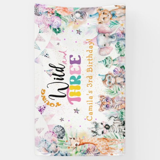 若い野生と3つのサファリ動物の第3誕生日 横断幕 (縦)