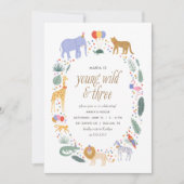 若い野生と3つのサファリ動物の誕生日パーティー 招待状 (正面)