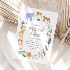 若い野生と3つのサファリ動物の誕生日パーティー 招待状