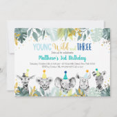 若い野生と3つのパーティーアニマルブルー誕生日 招待状 (正面)