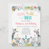 若い野生と3つのピンクのパーティー動物誕生日 招待状 (正面)