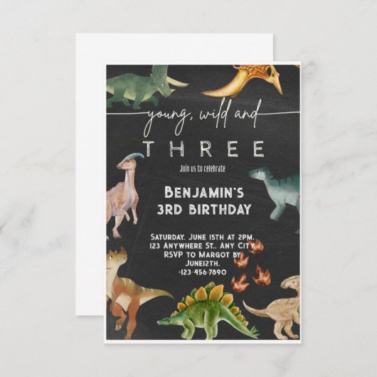 若い野生と3つの恐竜の水のカラー誕生日 招待状 (正面/裏面)