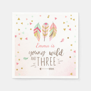 若い野生と3つの紙ナプキンピンク金ゴールド女の子 スタンダードカクテルナプキン