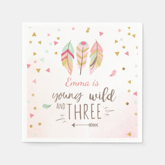 若い野生と3つの紙ナプキンピンク金ゴールド女の子 スタンダードカクテルナプキン (正面)