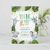 若い野生と3つの誕生日サファリ動物パーティー 招待状 (スタンド正面)