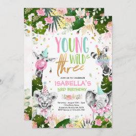 若い野生と3つの誕生日サファリ動物パーティー 招待状