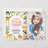 若い野生と3つの誕生日サファリ動物 招待状 (正面)