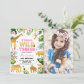 若い野生と3つの誕生日サファリ動物 招待状 (スタンド正面)