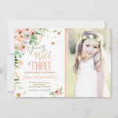 若い野生と3つの誕生日フローラピンク金ゴールド 招待状 (正面)