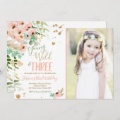 若い野生と3つの誕生日フローラピンク金ゴールド 招待状 (正面/裏面)