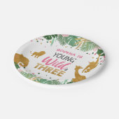 若い野生と3人の女の子ピンクサファリ動物 ペーパープレート (アングル)