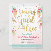 若い野生と3羽ピンク金ゴールド誕生日 招待状 (正面)