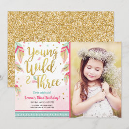 若い野生と3羽ピンク金ゴールド誕生日 招待状