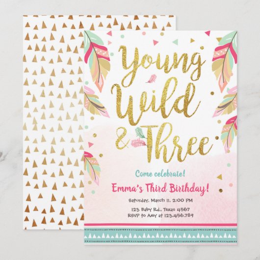 若い野生と3羽ピンク金ゴールド誕生日 招待状 (正面/裏面)
