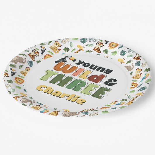 若い野生の3動物園サファリ動物の誕生日パーティー ペーパープレート (アングル)