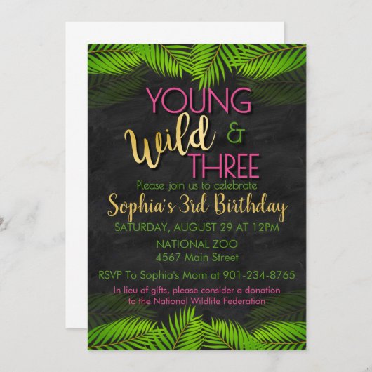 若い野生の3歳とパーティーの3歳の誕生日 招待状 (正面/裏面)