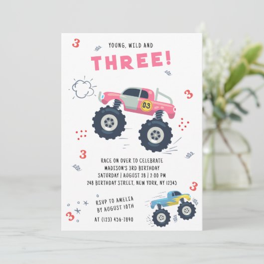 若い野生の3番目の誕生日キッズモンスターカートラック 招待状 (スタンド正面)