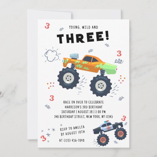 若い野生の3番目の誕生日キッズモンスターカートラック 招待状 (正面)