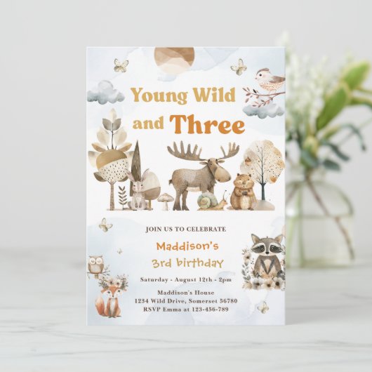 若い野生動物と3つのウッドランド動物3歳の誕生日 招待状 (スタンド正面)