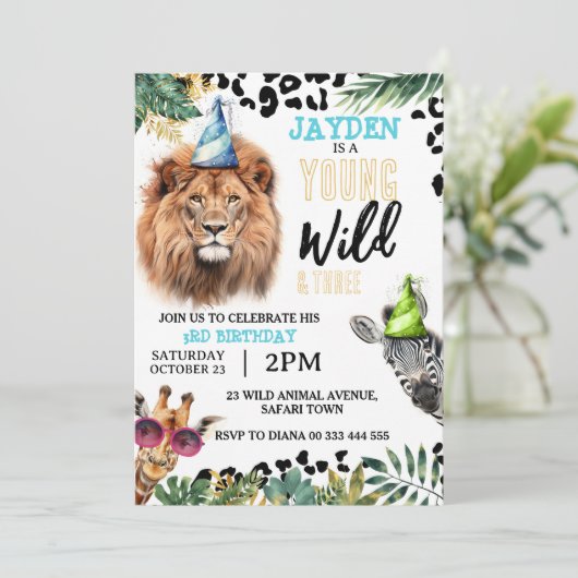 若い野生動物と3つのサファリ動物の3番目の誕生日 招待状 (スタンド正面)
