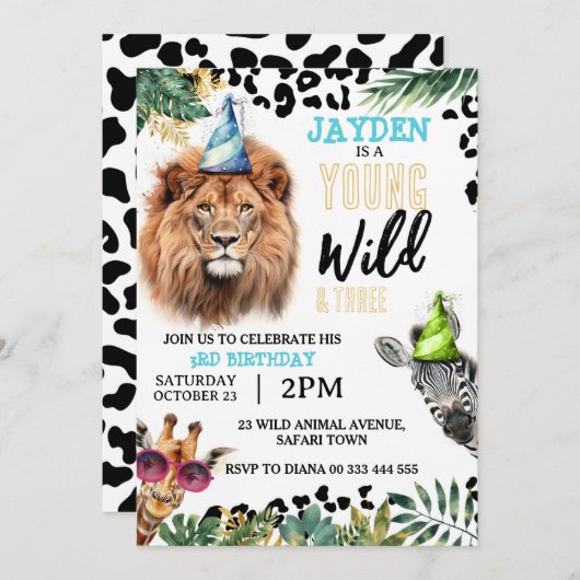 若い野生動物と3つのサファリ動物の3番目の誕生日 招待状 (正面/裏面)