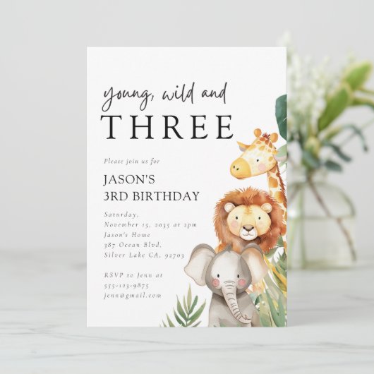 若い野生動物と3つのサファリ動物の3番目の誕生日 招待状 (スタンド正面)