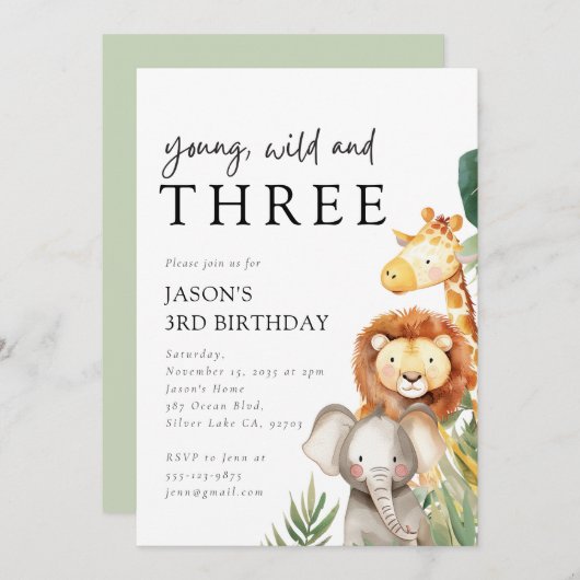 若い野生動物と3つのサファリ動物の3番目の誕生日 招待状 (正面/裏面)