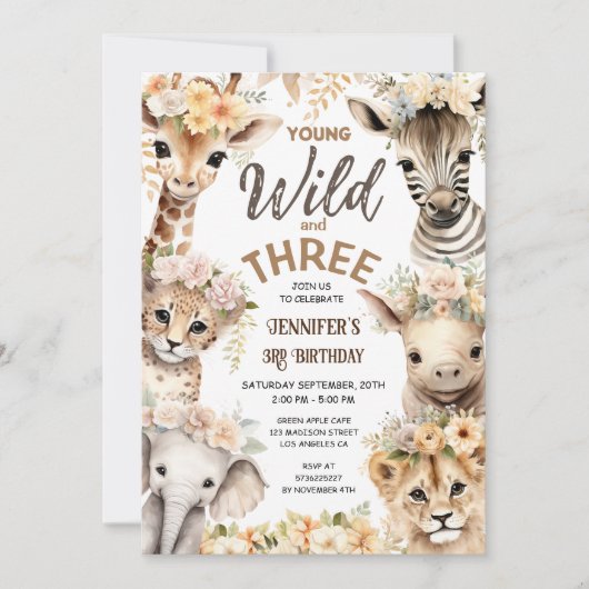 若い野生動物と3つのサファリ動物の3番目の誕生日 招待状 (正面)