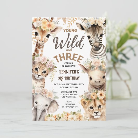 若い野生動物と3つのサファリ動物の3番目の誕生日 招待状 (スタンド正面)