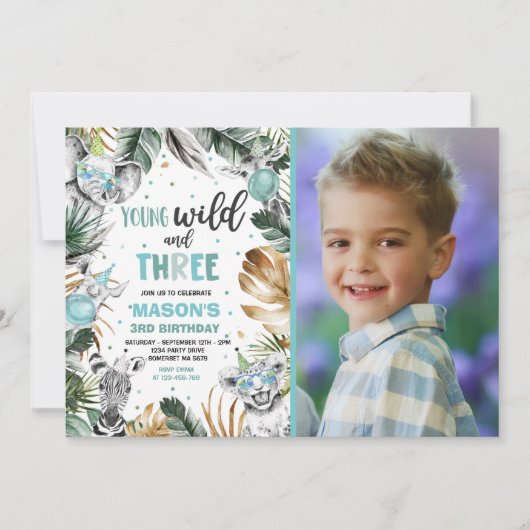 若い野生動物と3匹のサファリジャングル動物のパーティー 招待状 (正面)