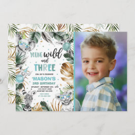 若い野生動物と3匹のサファリジャングル動物のパーティー 招待状