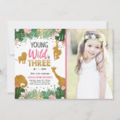 若い野生動物と3頭のサファリ動物の少女誕生日 招待状 (正面)