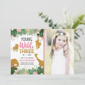 若い野生動物と3頭のサファリ動物の少女誕生日 招待状 (スタンド正面)