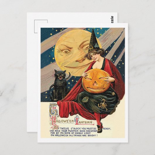 若い魔女は満月でカボチャを持っている ポストカード (正面/裏面)