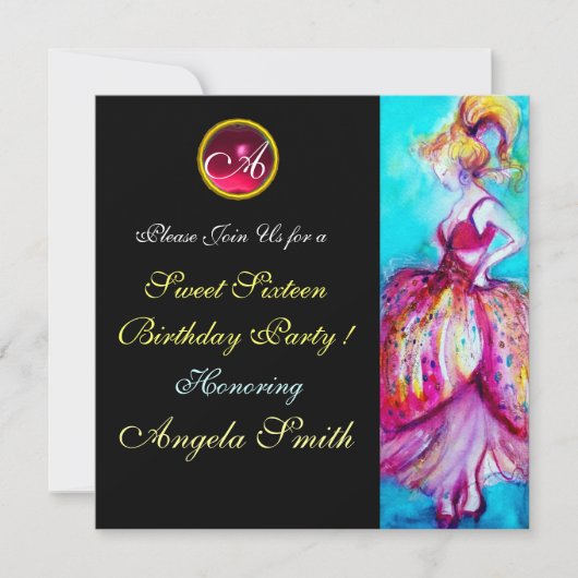 若お洒落女の子スウィート16パーティー宝石モノグラム 招待状 (正面)