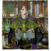 若き魔法使いの幻想的な図書館の本とドラゴン シャワーカーテン (正面)