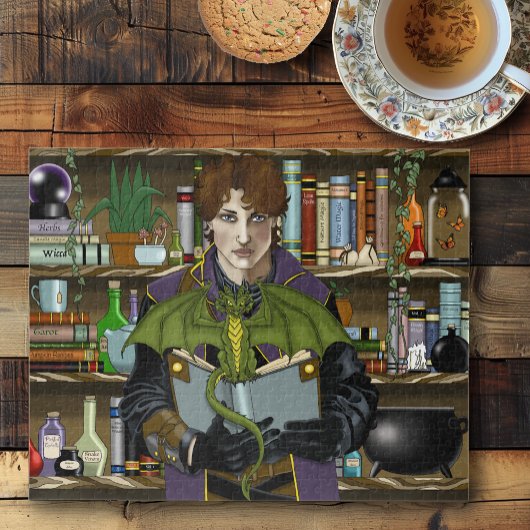 若き魔法使いの幻想的な図書館の本とドラゴン ジグソーパズル