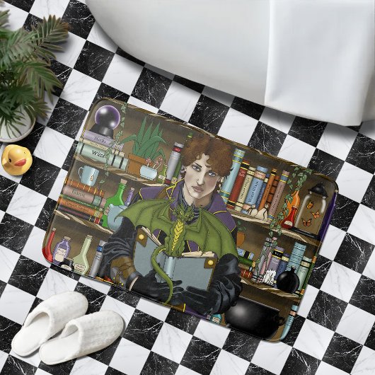 若き魔法使いの幻想的な図書館の本とドラゴン バスマット