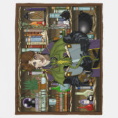 若き魔法使いの幻想的な図書館の本とドラゴン フリースブランケット (正面)
