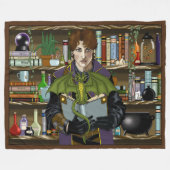 若き魔法使いの幻想的な図書館の本とドラゴン フリースブランケット (正面(横))