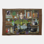 若き魔法使いの幻想的な図書館の本のドラゴン キッチンタオル (横)