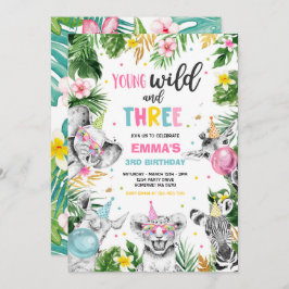 若くてワイルドで3歳のサファリジャングル動物パーティー 招待状