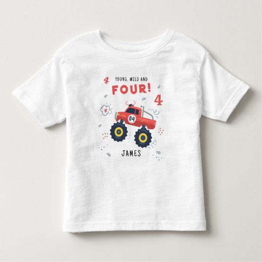 若くてワイルドで4歳の誕生日子供モンスターカー トドラーTシャツ (正面)