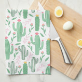 若草色のサボテンの水気が多い花パターン キッチンタオル (四つ折り)