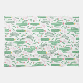 若草色のサボテンの水気が多い花パターン キッチンタオル