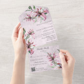 苦悩に満ちたピンクのQRコードに咲くピンクのユリ オールインワン招待状 (貼ってはがせる)