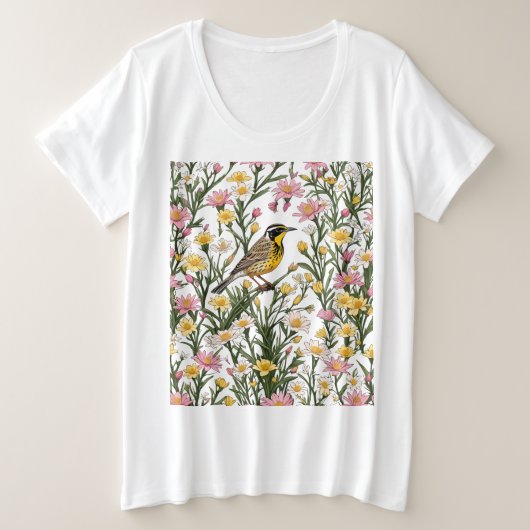 苦根の花に囲まれた西メドウラルク プラスサイズTシャツ (デザイン正面)