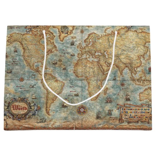 苦脳のヴィンテージのアンティークによって描かれる世界地図 ラージペーパーバッグ (正面)