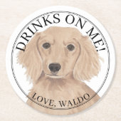 英パーソナライズされた語レッド・ダッシュント結婚ドッグ ラウンドペーパーコースター (正面)