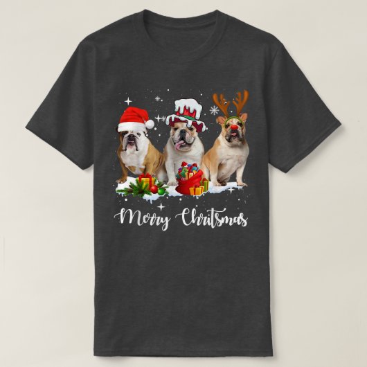 英国おもしろいブルドッグドッグメリークリスマスパーティーファ Tシャツ (デザイン正面)